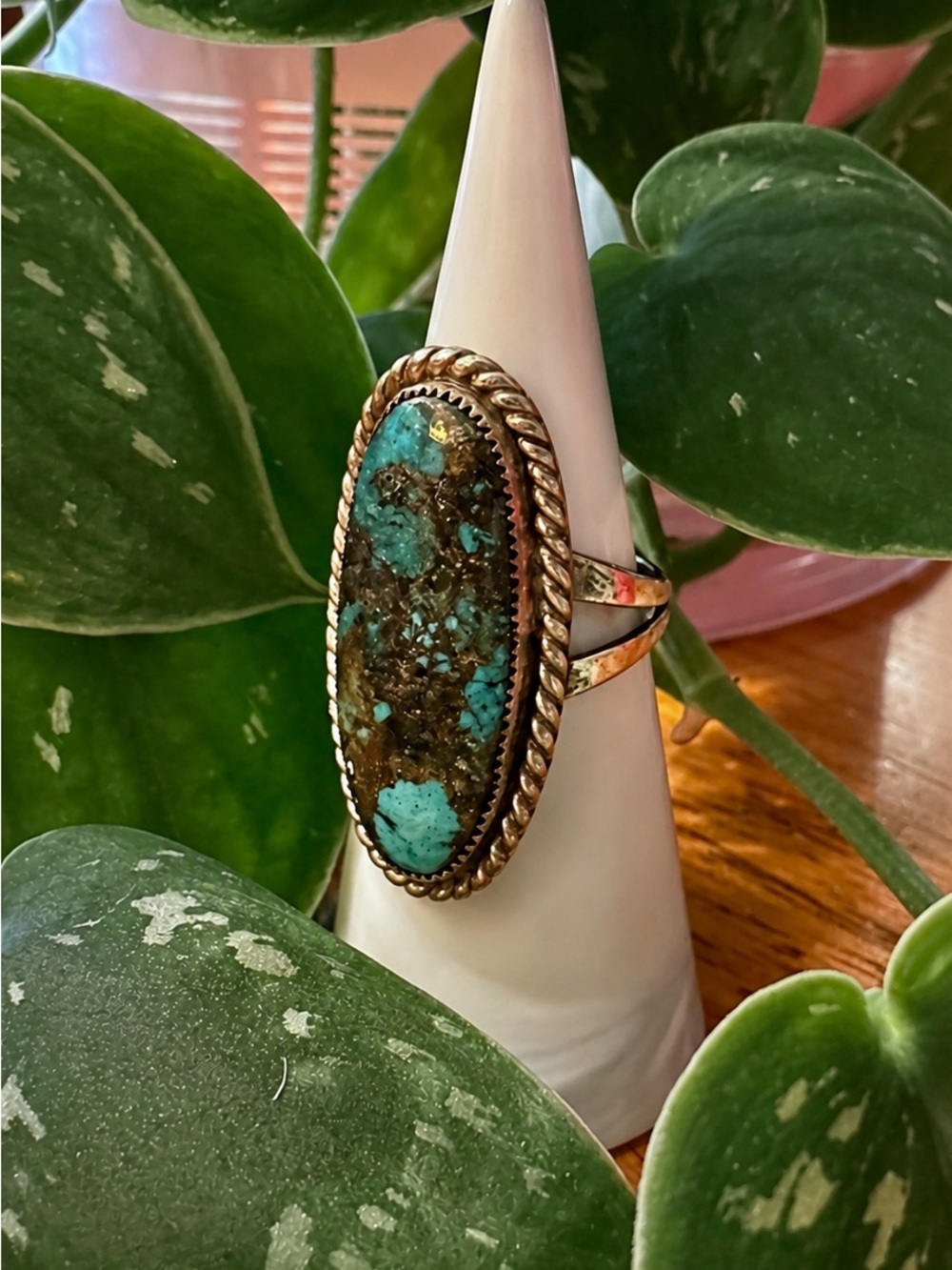 Turquoise and Brown Oval Stone Women's Ring